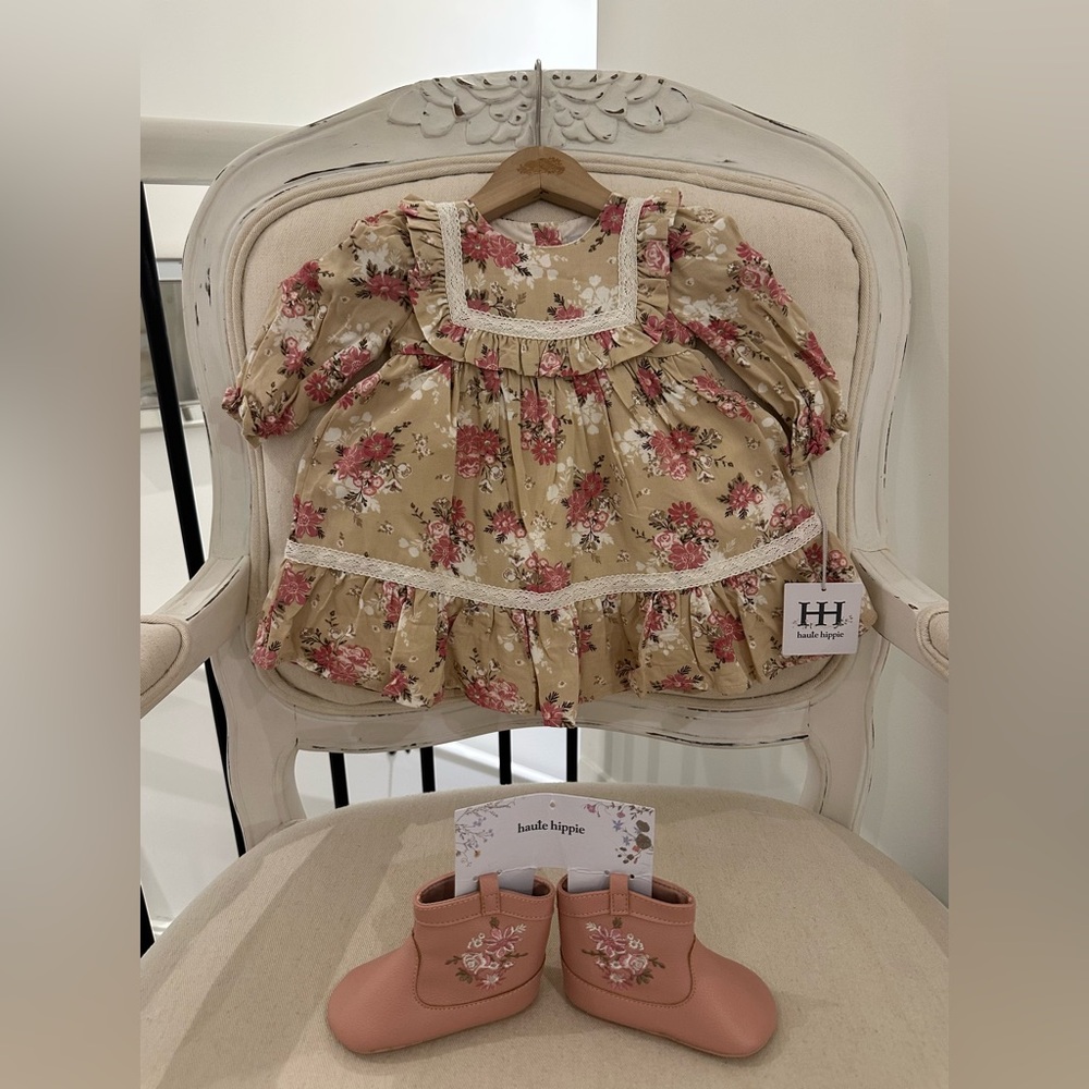 🐎 0~3 Mth Haute Hippie Western Floral Baby Dress & Baby Cowboy Booties NWT